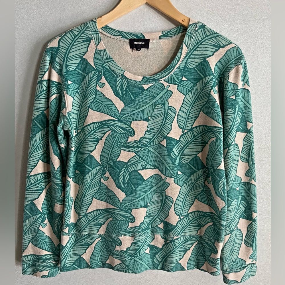 Monrow Palm Leaf Sweatshirt Size M Green Beige Crewneck Pullover Tropical Print